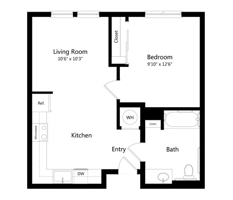 Floor plan for 1 bed, 1 bath, 553 sqft